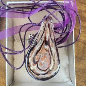 Italian hand-blown purple and brown glass pendant necklace with purple ribbon